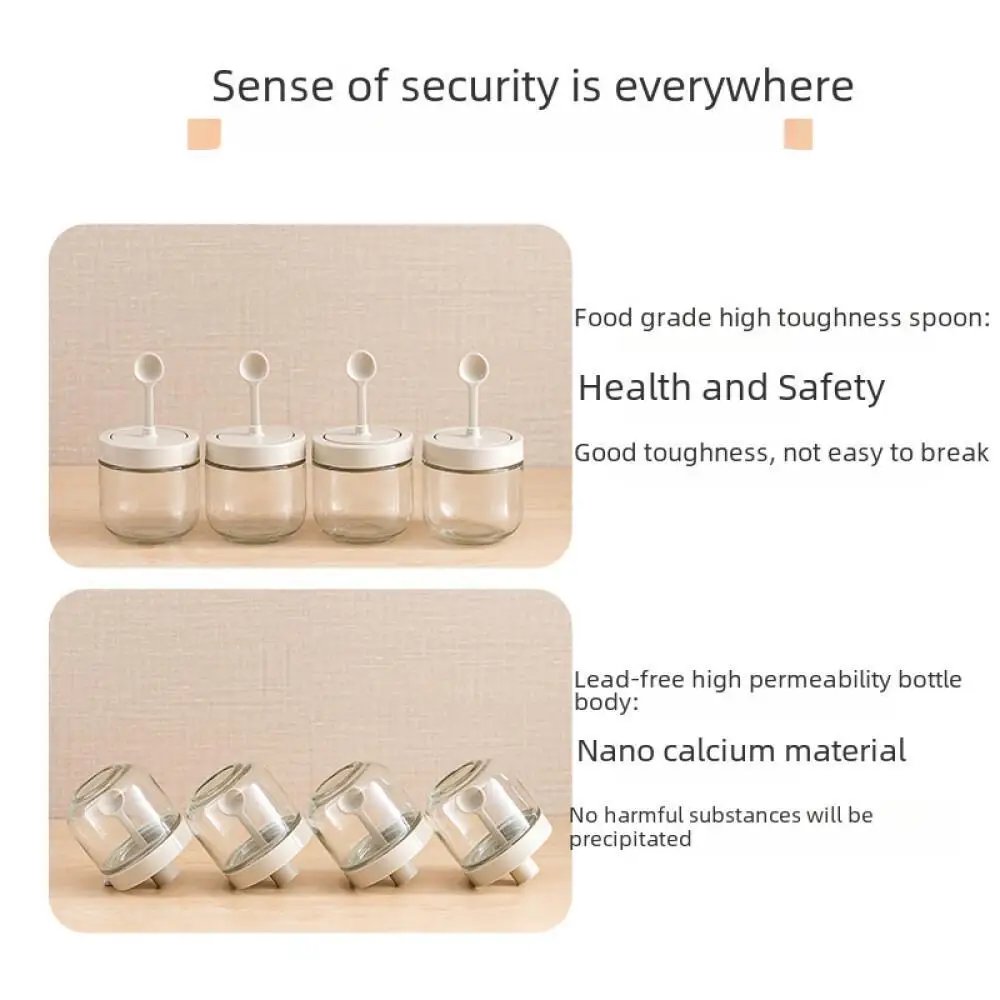 Integrated Seasoning Jar Glass Kitchen Spoon Lid Salt Seasoning Box Condiment Storage Container Multi-Function Cooking Supplies