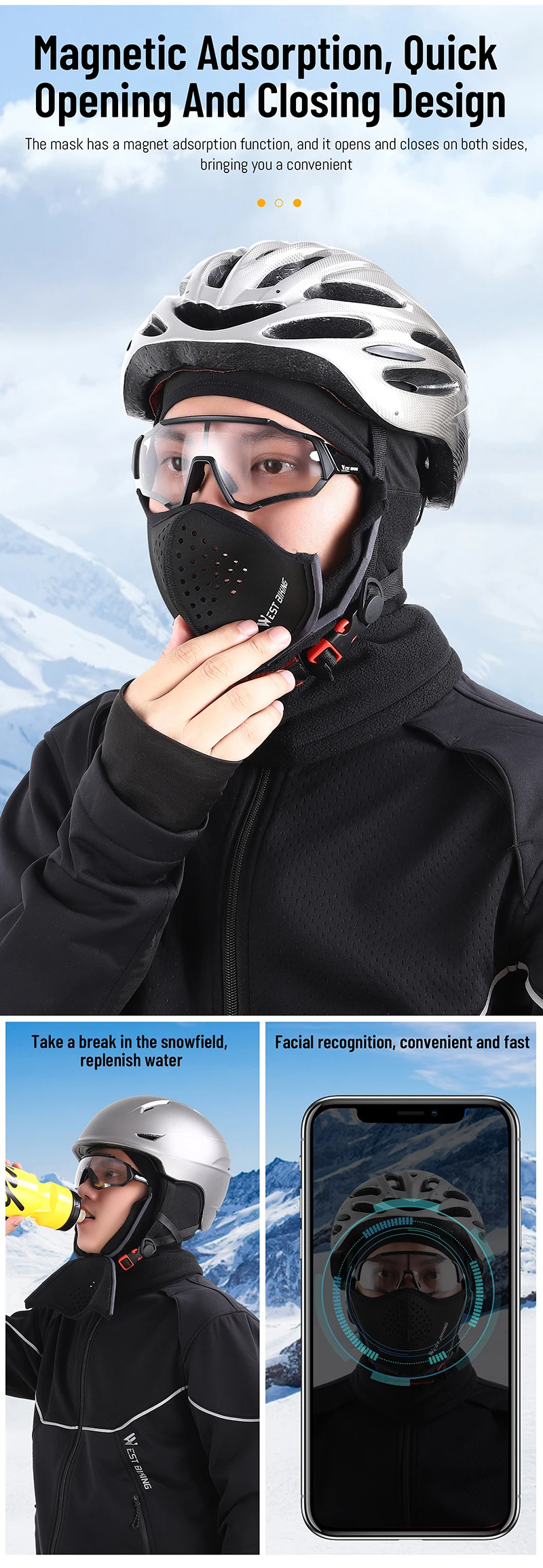WEST BIKING Winterschal Warm halten Fahrradmütze Magnetisch Schnell öffnen Schließen Wärmer Atmungsaktive Winter Sturmhaube Mütze – Detail 6