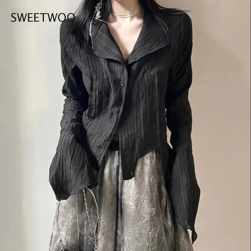 Gothic Black Shirt Yamamoto Style Dark Aesthetic Blouse Women Irregular Designer Clothes Emo Alt Clothes Grunge Tops Y2K Tide 2023 new cow leather belt women s fashion trend luxury designer jeans clothing accessories thin girdle gothic pin buckle corset