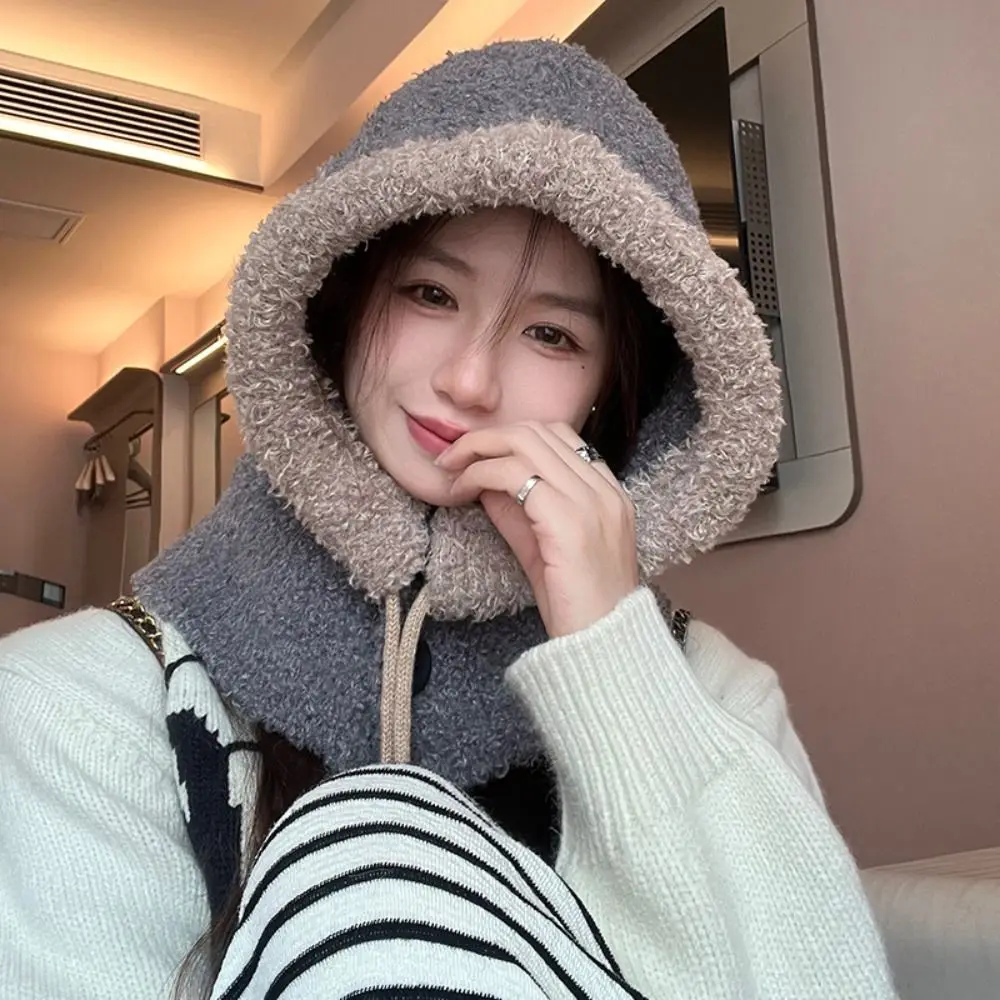 

One-Piece Women Winter Balaclava Hats Ear Protection Windproof Neck Warmer Beanies Caps Outdoor Thicken Knitted Hooded Caps