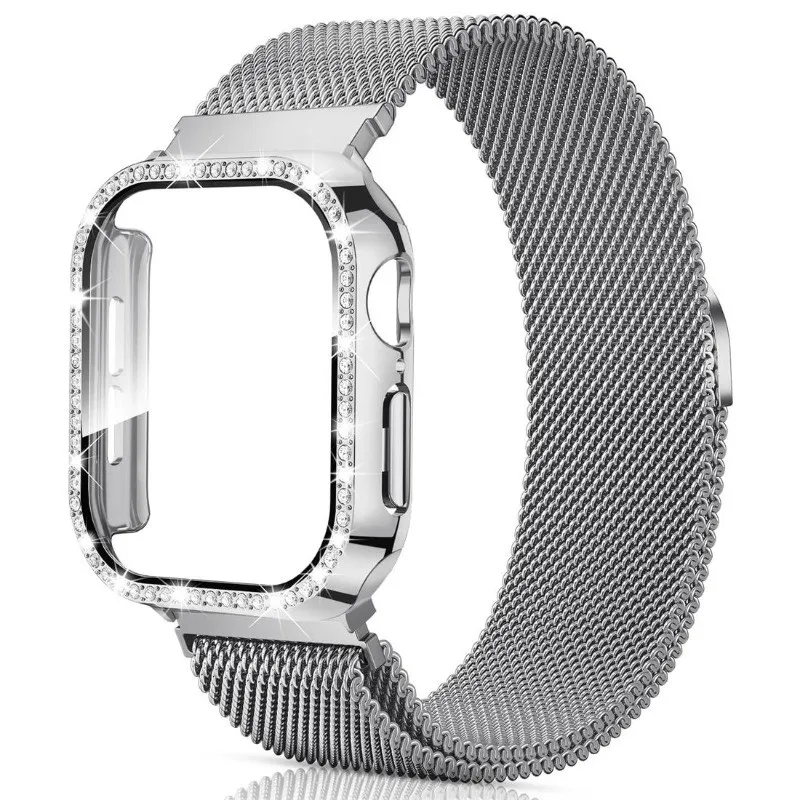 Elegant Diamond Milanese Loop Band with Protective Case - 2-in-1 Watch Accessory