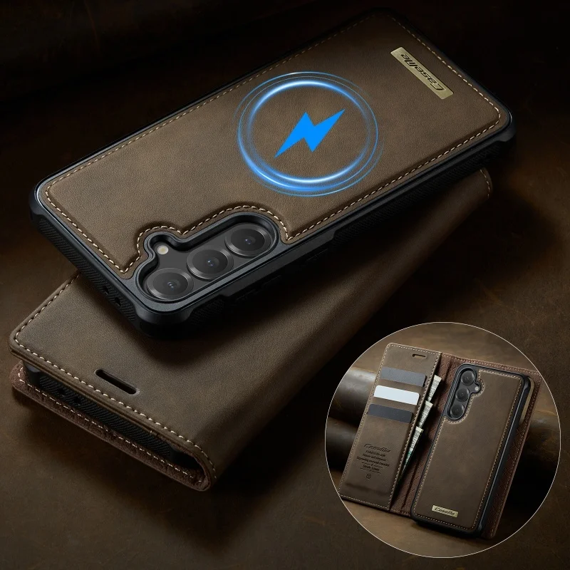 Magnetic Leather Flip Wallet Phone Case with Wireless Charging Compatibility