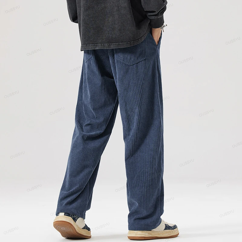 OUSSYU Brand Autumn Winter Men's Stripe Corduroy Pants Elastic Waist Drawstring Straight Thick Outdoors Loose Casual Trousers 5