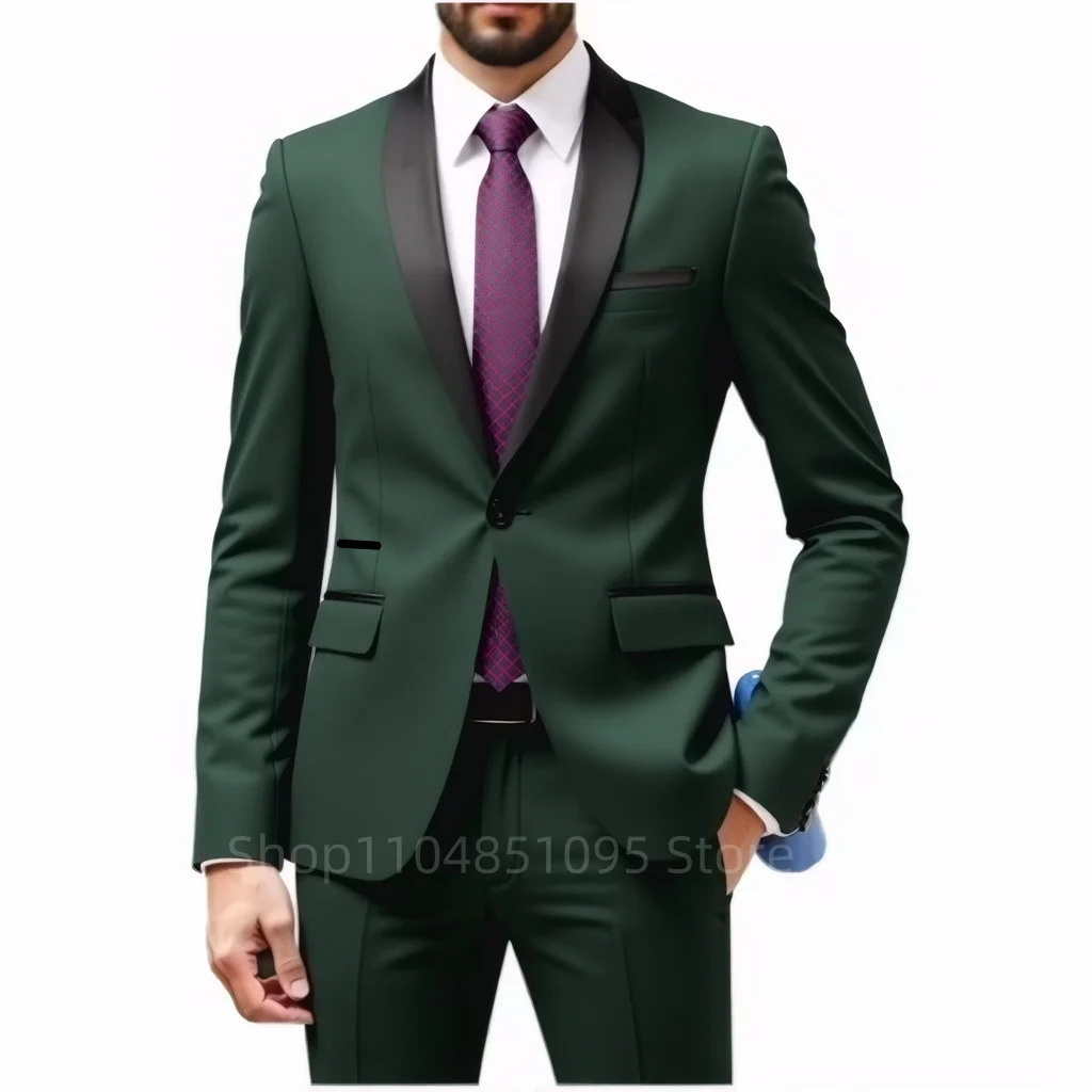 Solid Men's 2-Piece Suit One Button Black Shawl Lapel Blazer Set Business Wedding Party Tuxedos Slim Fit Jacket & Trousers