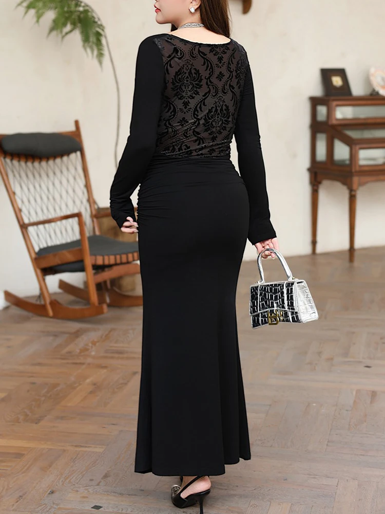 Swingneck Velour Fold Fishtail Dress Plus Size French Reversible Wear Autumn 2025 Fashion Premium Women Mermaid Dress