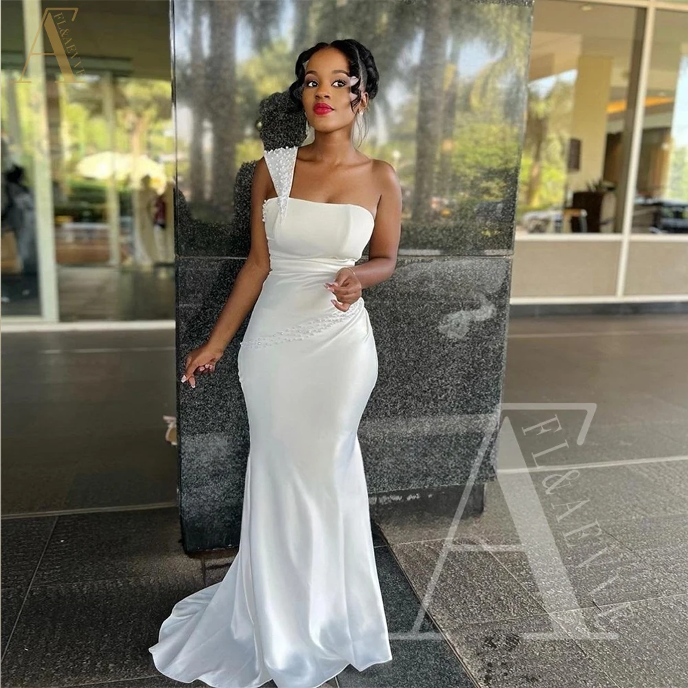 

White Satin Dress Wedding Women One Shoulder Guest Wedding Dresses for Parties Beaded Bridesmaid Robes Elegant Gowns Party Woman