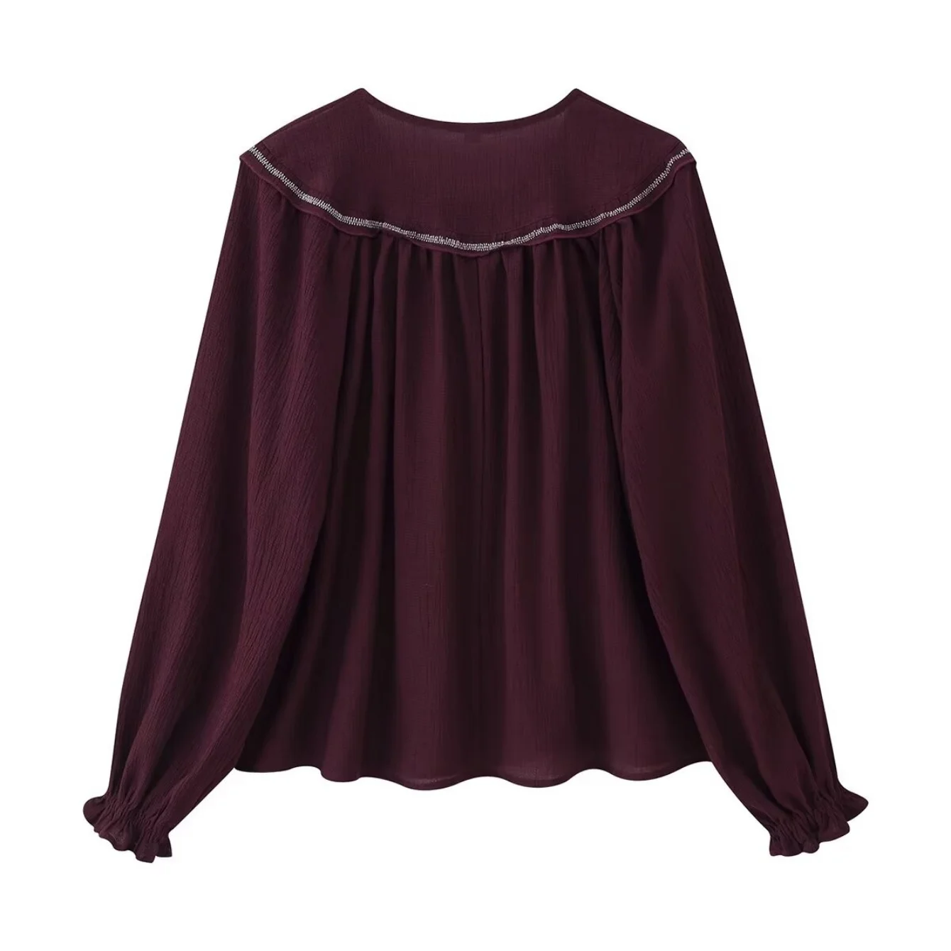 Women Retro Shirt Fashion Casual Ruffled Collar Bead Lace-Up Single Breasted Long Sleeved Blouse Lady High Street Loose Shirt To