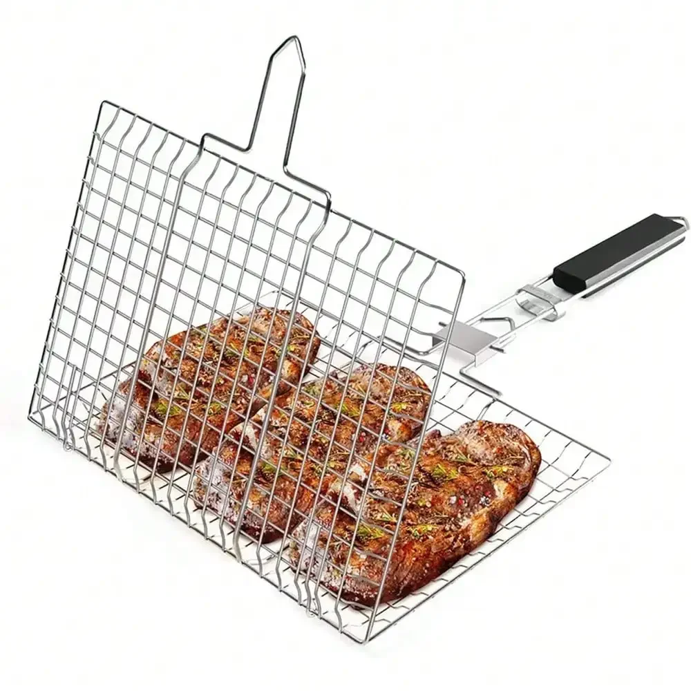 Folding Portable Outdoor Camping Stainless Steel BBQ Rack With Removable Handle Grilling Basket Barbeque Griller Cooking Tools bbq rack
