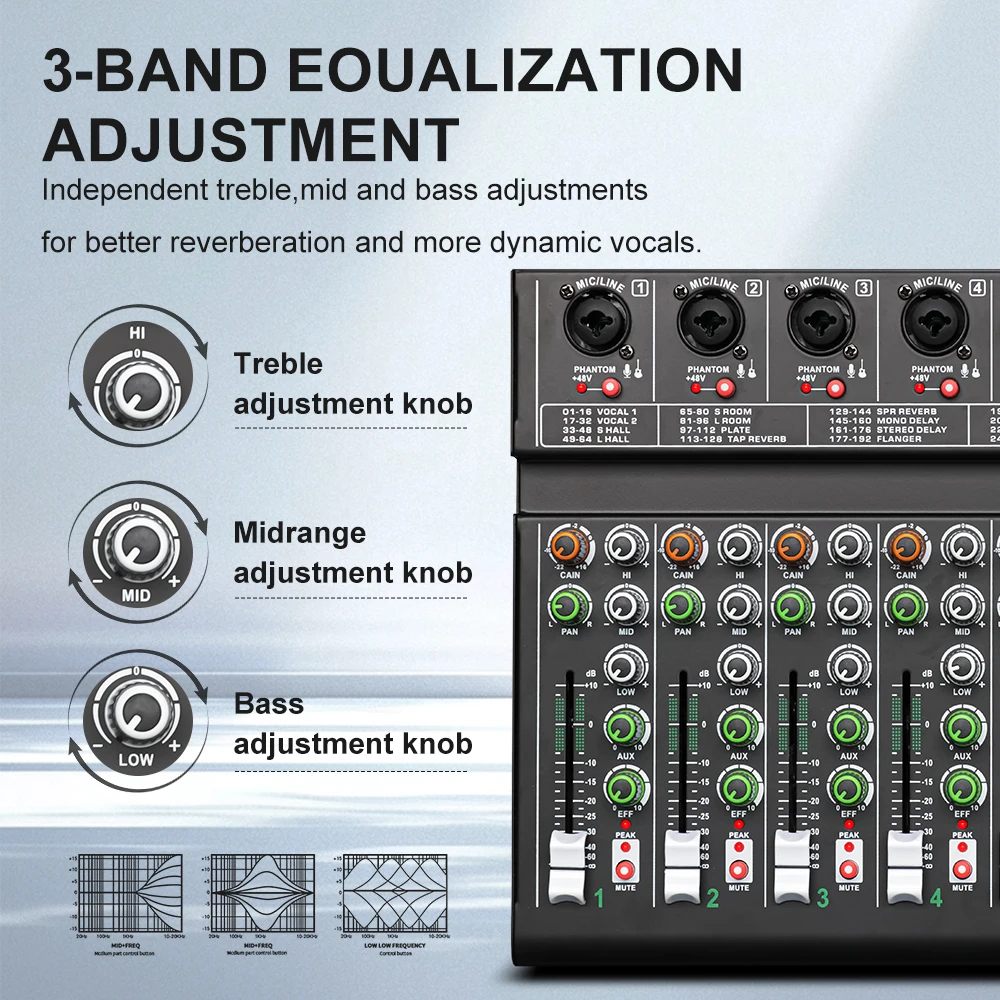 Audio Mixer LEUS AU6 Channel 256 DSP Effect Audio Mixer Record PC 48V Phantom Power USB Sound Mixers Bluetooth DJ Console Mixing for Karaok