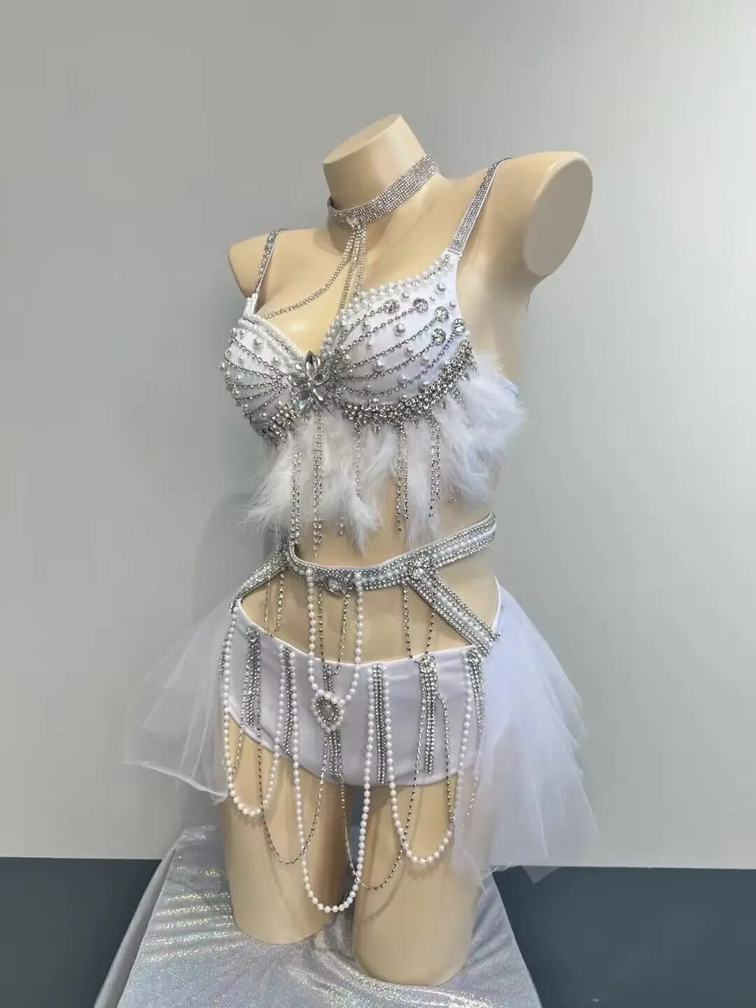 Luxury Shiny Pearl Tassel Chain Feather Bikini Set Bra+Shorts Sexy