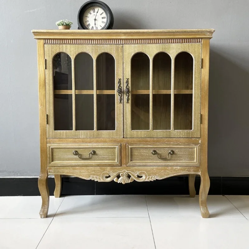 

Solid Wood Rural Retro Showcase Carved Sideboard Cabinet