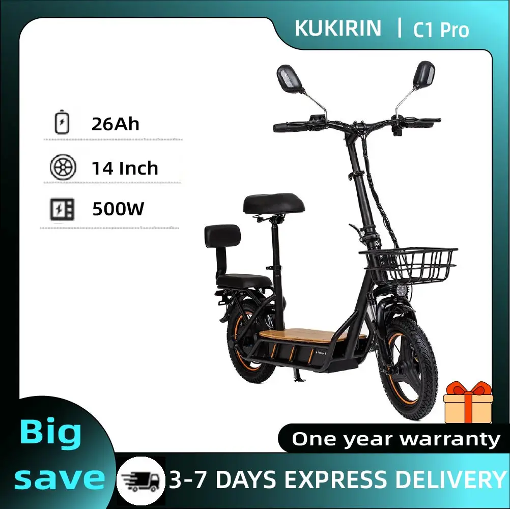 Monopattino Elettrico per Adulti KuKirin C1 Pro con Sedile, Pneumatici da 14 Pollici, Motore da 500W, Batteria da 48V 26Ah, Velocità Massima 45km/h, Moto Elettrica