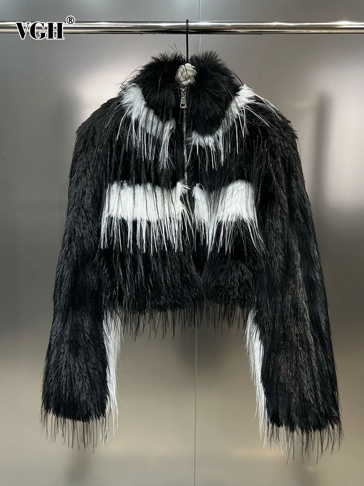 

VGH Colorblock Casual Faux Fur Coats For Women Stand Collar Long Sleeve Spliced Zipper Temperament Loose Winter Coat Female New