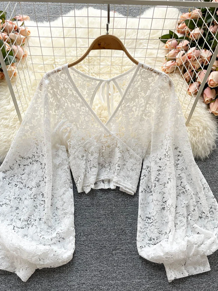 

Autumn Sexy Lace Blouse Shirts Women Elegant V-Neck Puff Long Sleeve Open Back Short Tops Female Party Blusas