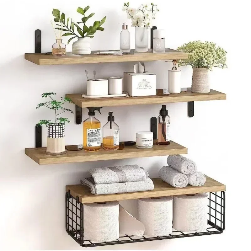 Wall Shelves Floating Mounted Wooden  Rack Kitchen Bathroom Organizer  Decor Garden Bathroom Accessories 4 Piece Set Wall shelfs 2