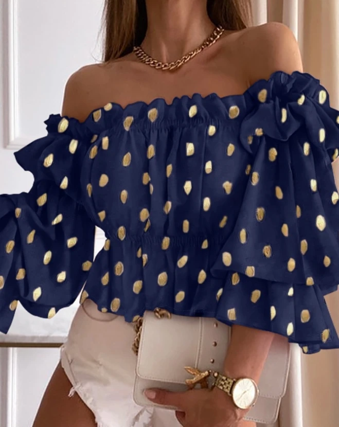 

Elegant Blouses Women Spring Metallic Polka Dot Print Off Shoulder Long Sleeve Top Oversized Shirts Female Casual Shirt Tops