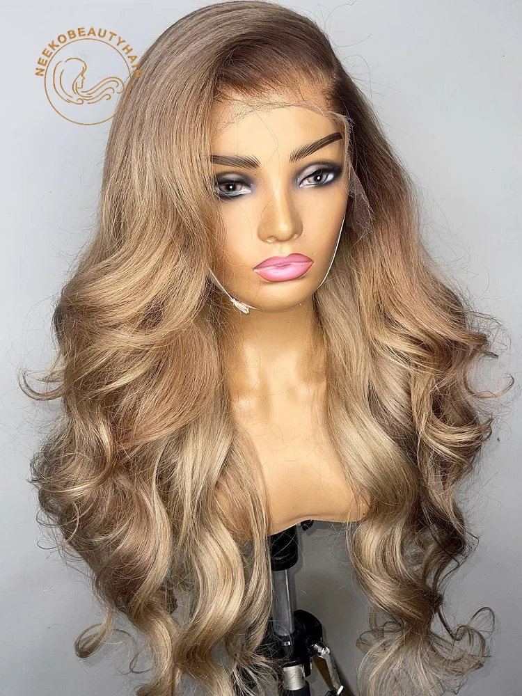 Honey Blonde Lace Front Wig Body Wave 13x6 HD Transparent Lace Frontal Wig Ombre Blonde Colored Human Hair Wigs With Brown Root