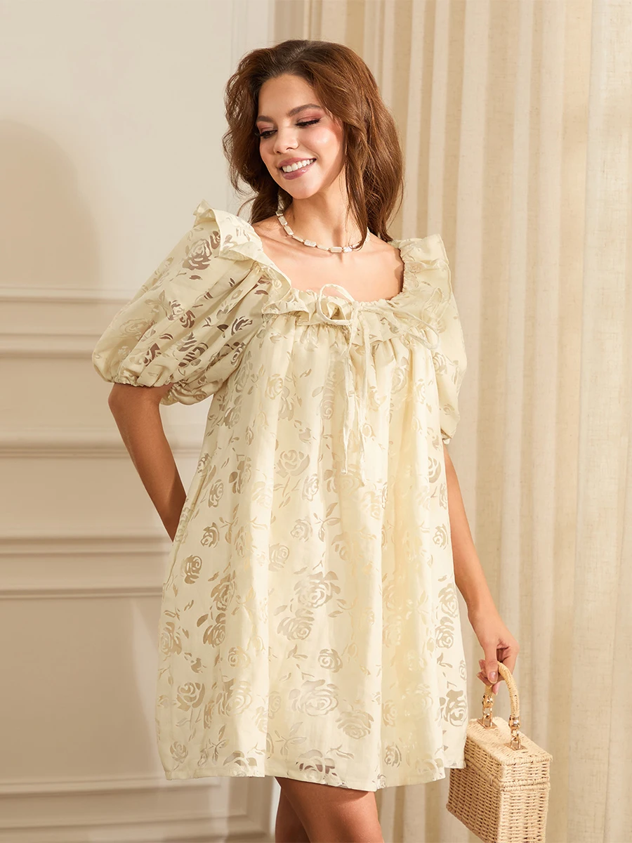 Elegant Floral Print Square Neck Puff Sleeve Mini Dress for Women Summer A-Line Princess Dress with a Flirty Twist