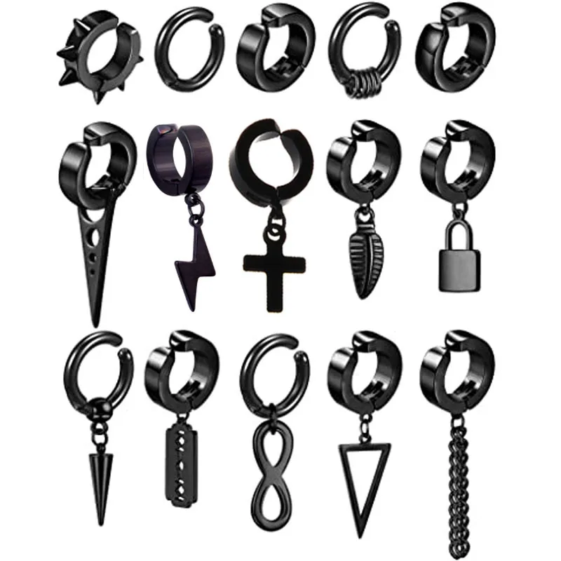 

Серьги-клипсы мужские из нержавеющей стали, комплект из 1-15 предметов, Искусственные черные серьги-кольца для пирсинга, без пирсинга