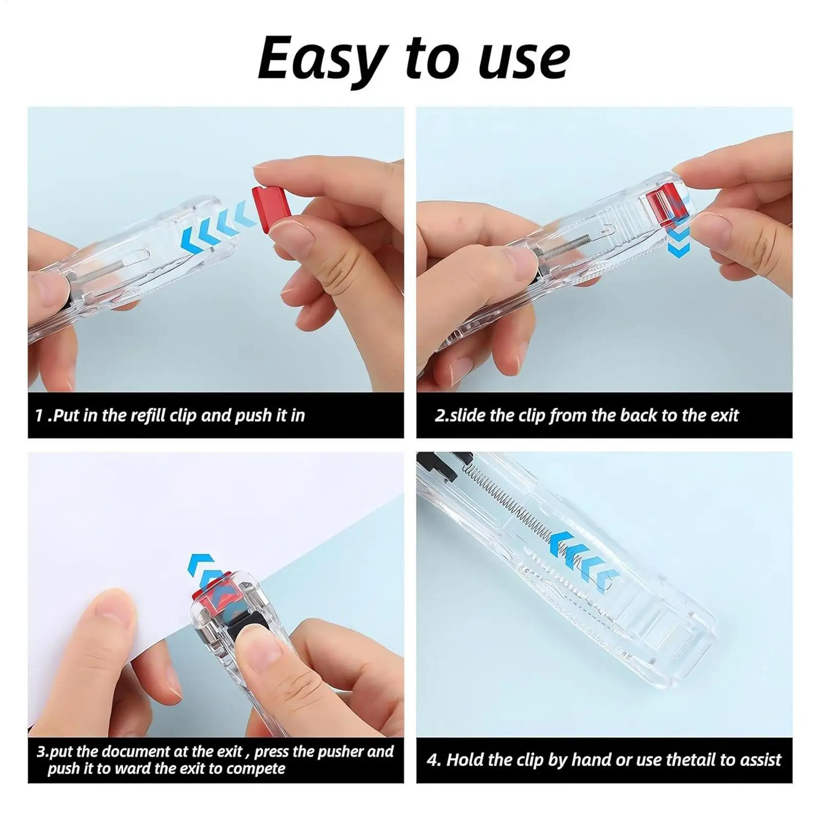 휴대용 바인더 클립 스테이플러 45매 용량의 종이 고정기(50개 금속 리필 포함) 교사, 학생, 사무실용 재사용 가능 스테이플러