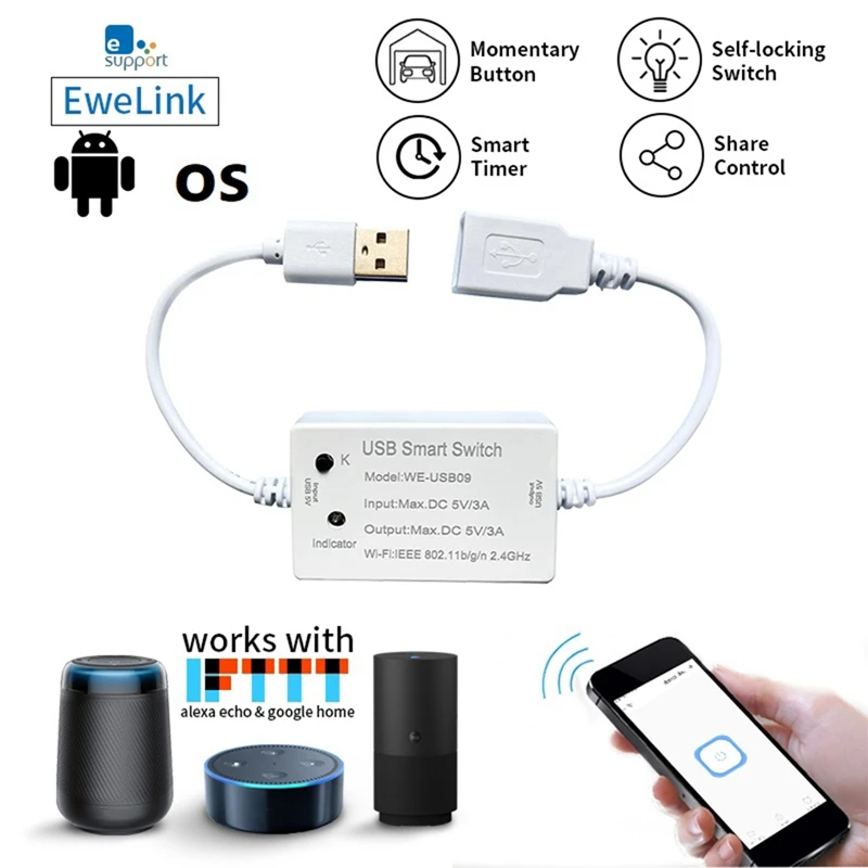 

Ewelink USB Smart Switch WIFI Controller Universal Breaker Timer Smart Life For USB Appliances For Alexa Google Home, White