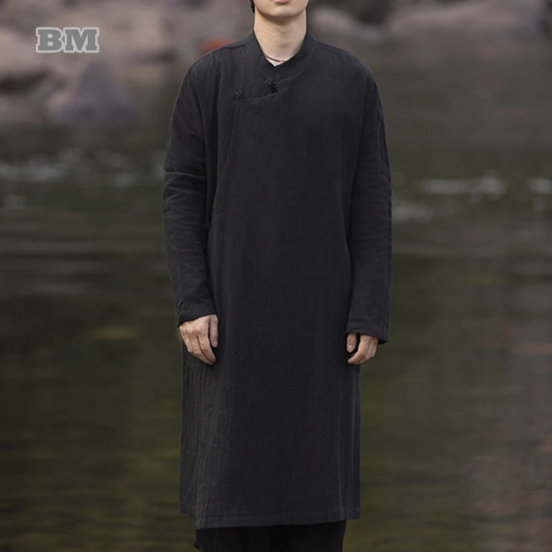 Chinese Traditional Dress Plus Size Hanfu Men Clothing Ethnic Vintage Mid Length Trench Coat Casual Zen Clothing Male