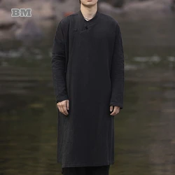 Chinese Traditional Dress Plus Size Hanfu Men Clothing Ethnic Vintage Mid Length Trench Coat Black Casual Zen Clothing Male