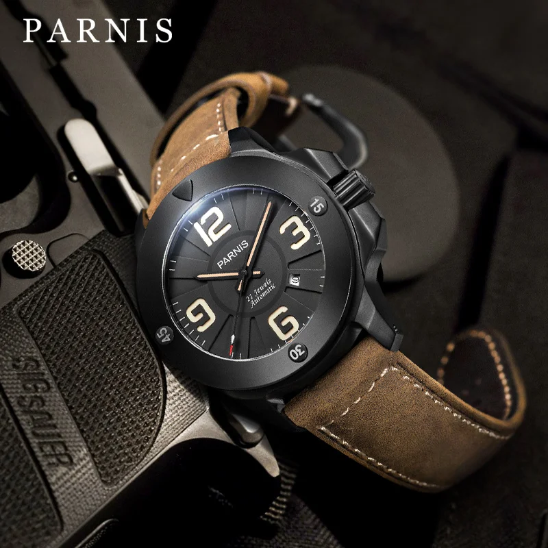 

Fashion Parnis 47mm Black Dial Military Mechanical Automatic Watches Men Sapphire Crystal Leather Strap Watch reloj para hombre