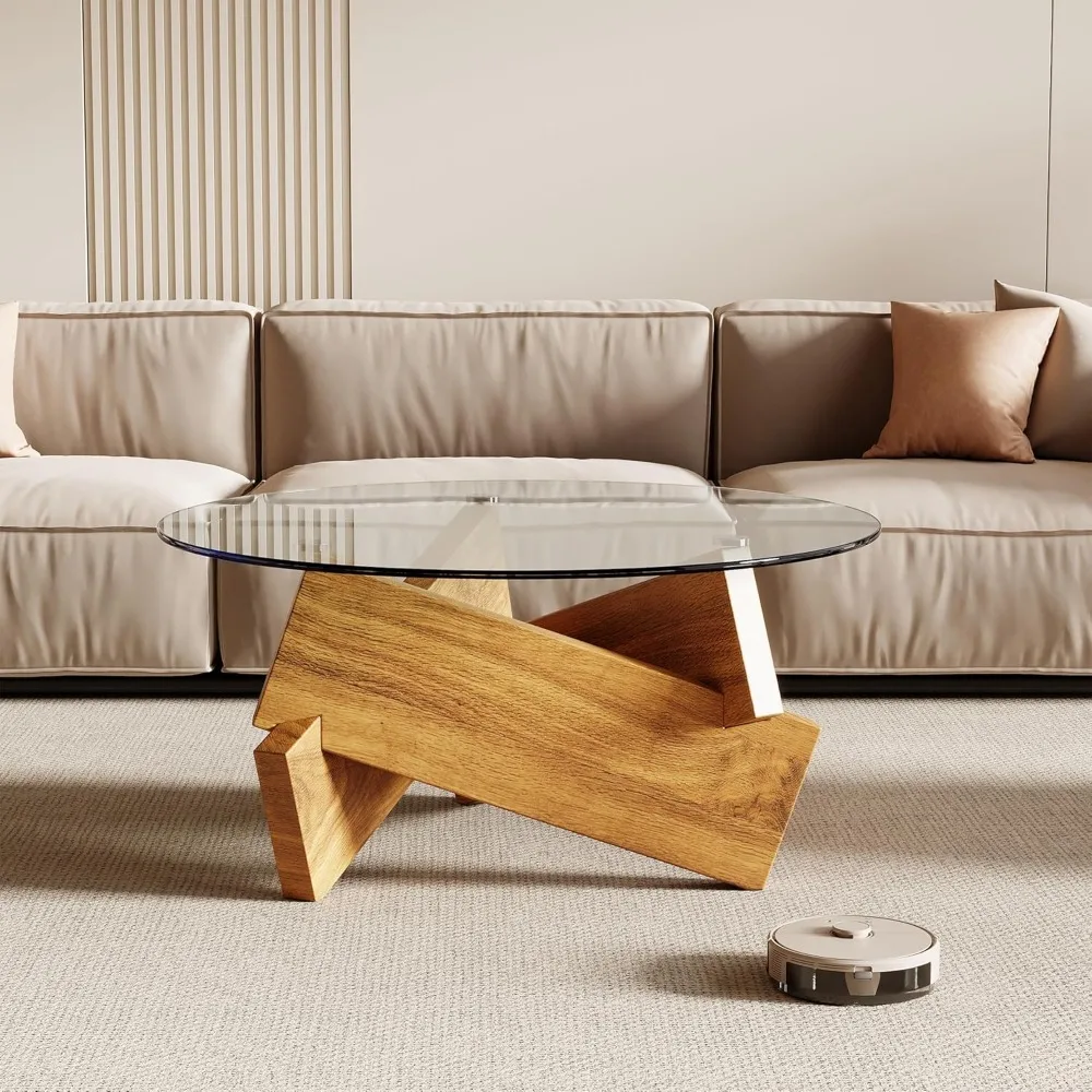 Modern Round Coffee Table with Tempered Glass Top, 30.7" x 30.7" x 16.1", Natural Wood for Living Room