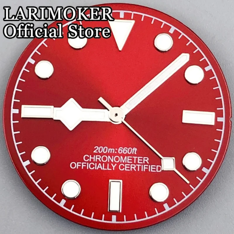 LARIMOKER 29 mm steriles rotes Sunburst-Uhrenzifferblatt, leuchtend, mit Schneeflocken-Zeigersatz, passend für NH34NH35 Mingzhu Miyota PT5000 ETA-Uhrwerk