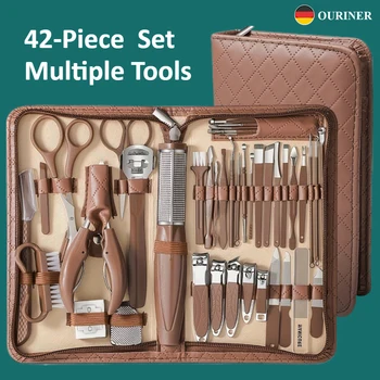 Kit pedicure 42 pezzi Set tagliaunghie in acciaio inossidabile marrone stile moderno 42 pezzi, strumenti portatili per pedicure e prelievo delle orecchie, uso domestico Nai 1