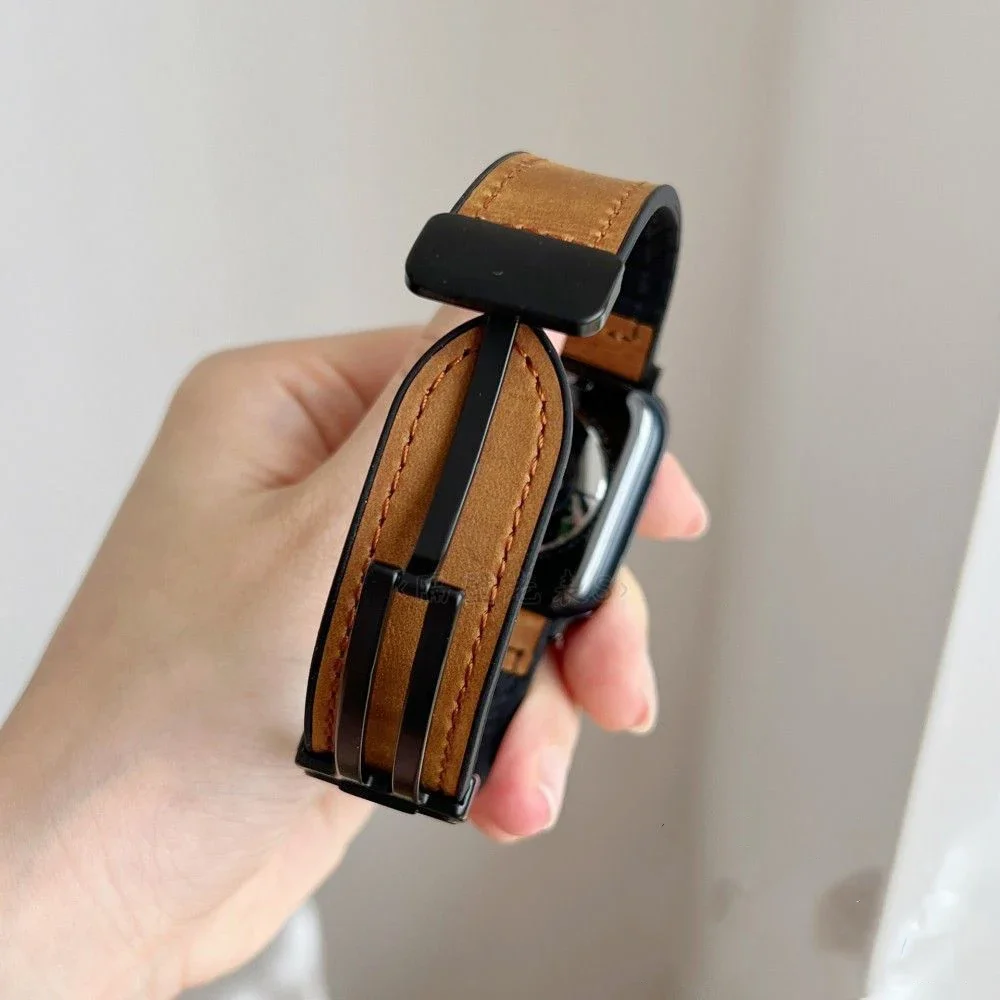 Magnetic Dual-Material Strap: Premium Silicone & Leather Wristband Bracelet