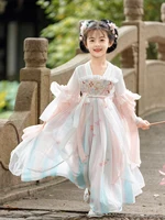 Girl’s Pink Hanfu Chinese-style Small Dress Retro Embroidered Flowing Long Dress Spring