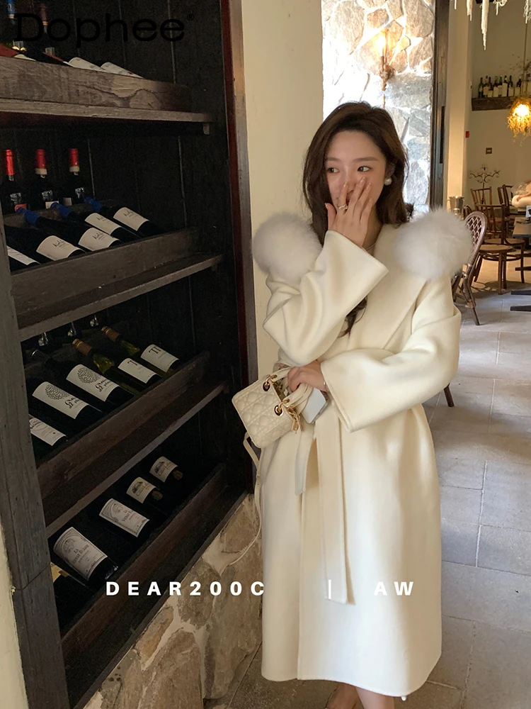 

High-Grade Cashmere Coats Female 2023 Fall Winter Fox Fur Collar Hooded Double-Sided Wool Wool Mid-Length Coat for Women