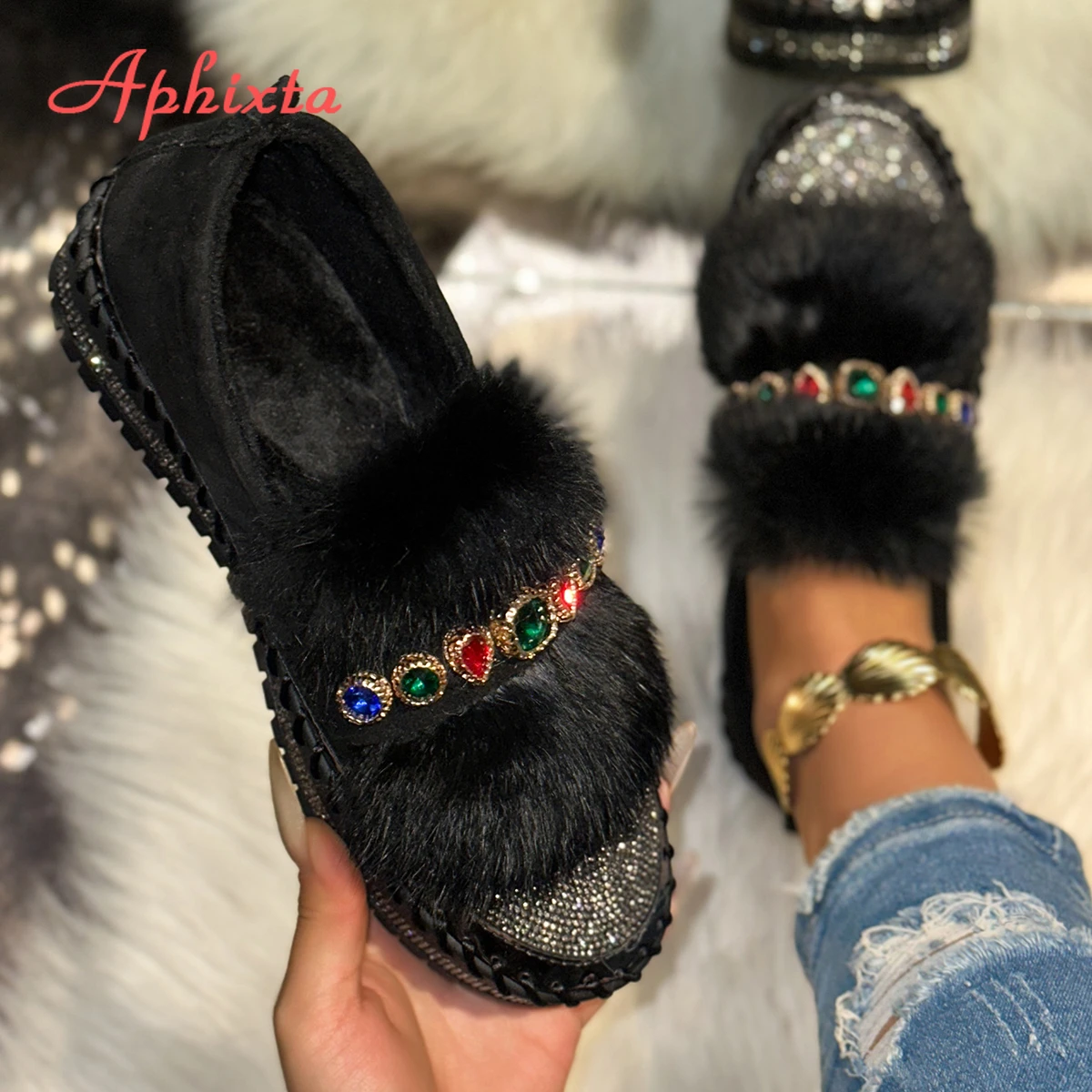 Aphixta Real Fur Colorful Rhinestone Woman Flat Casual Shoes 3cm Low Heel Warm Shoes For Women Crytal Short Plush Shoe Size 43
