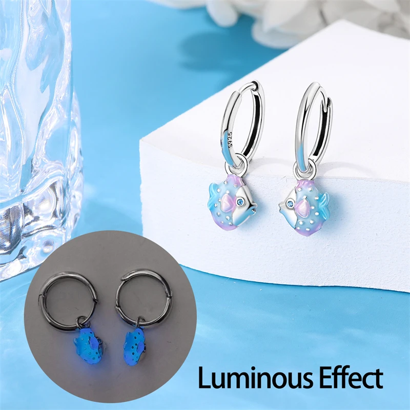 Silver Earrings 925 Silver Color Glow In The Dark Cute Claw Fish Earrings Circular Rainbow Earrings For Women Fine Birthday Christmas Jewelry
