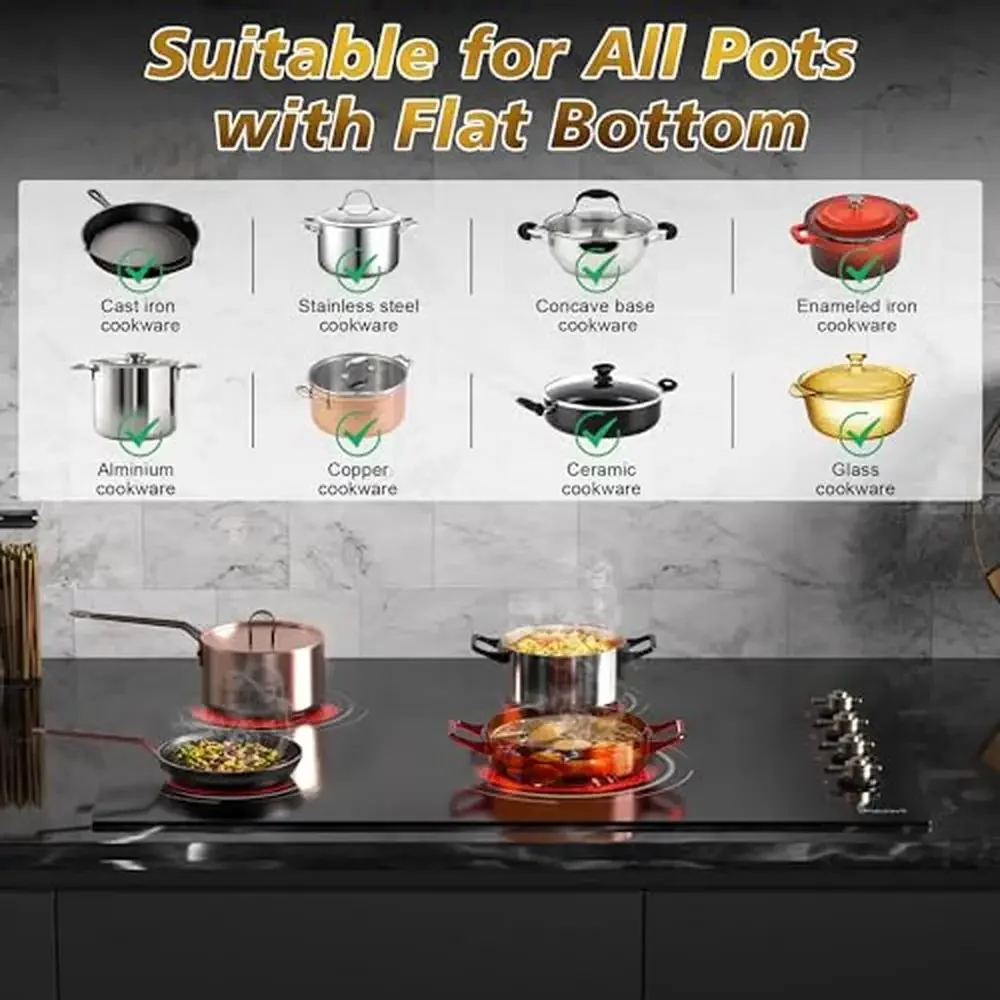 30" Built-in Electric Cooktop 4 Burner Stove 6700W Glass Ceramic Touch Control Knob Safety Lock 3