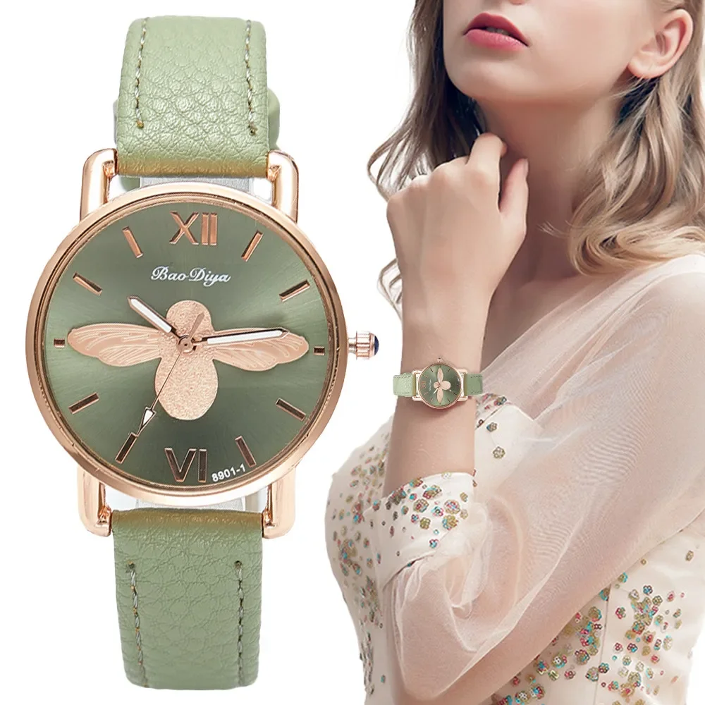 

Eenvoudige Kleine Bee Ontwerp Vrouwen Horloges Vintage Groene Lederen Dames Luxe Horloges Mode Casual Vrouwelijke Quartz Klok