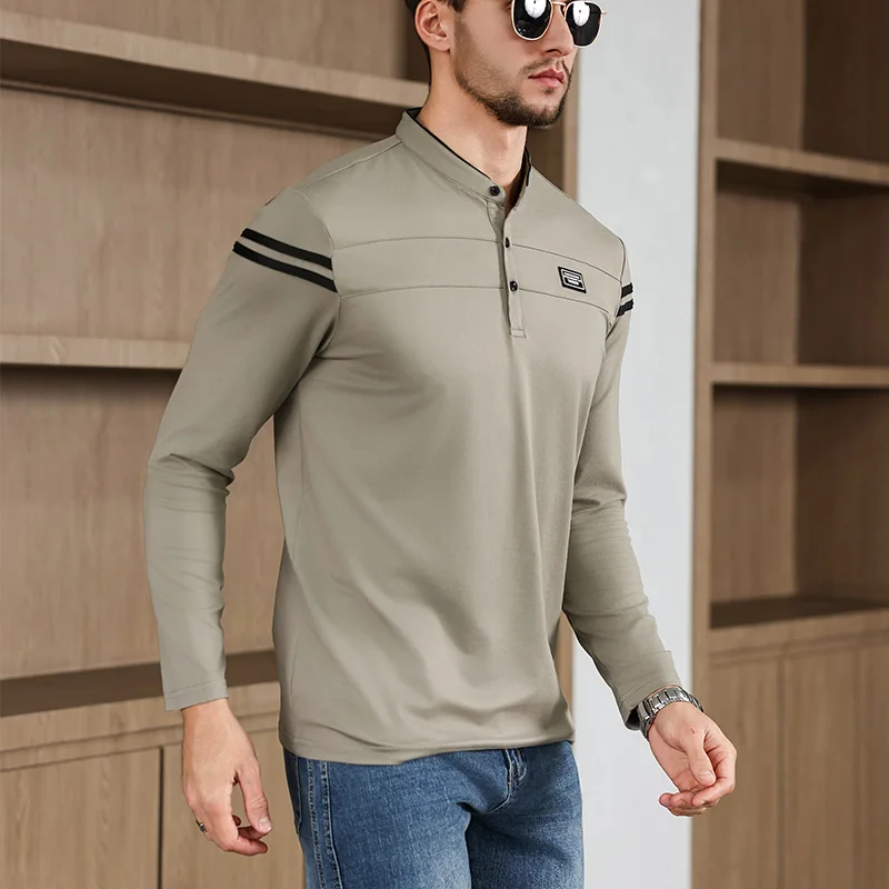 2025, neue Herren-Poloshirt, lässig, modisch, einfarbig, langärmelig, Stehkragen, vielseitig, bequem – Detail 4