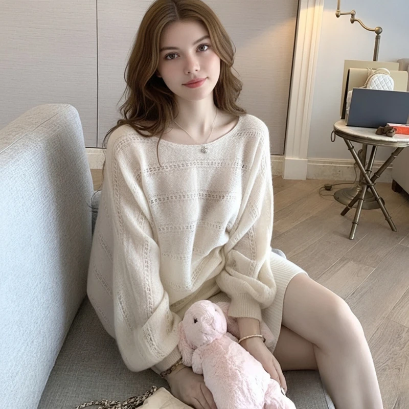 Autumn Fashion Elegant Thin Lantern Sleeve Office Casual Knitwear Top New Women's Clothing Knitted Hollow Crew Neck Sweater