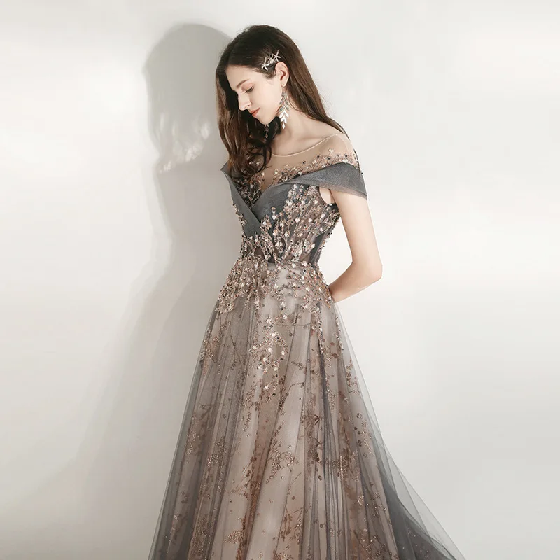 

Evening Dress for Women Exquisite Blingbling O-Neck Tulle Chiffon Layered Floor-Length A-Line Banquet Dresses Prom Wear