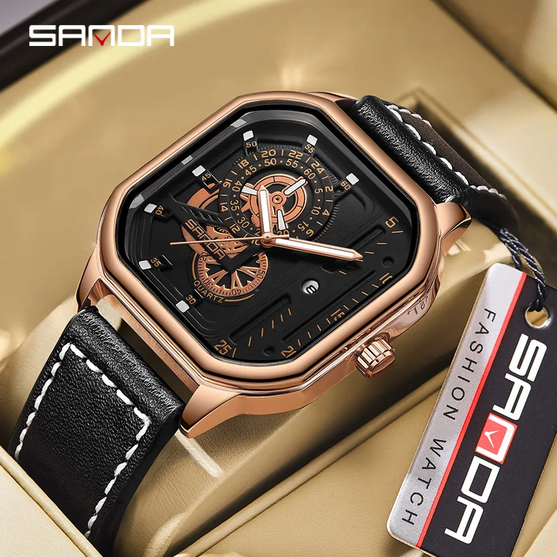 

Sanda 7038 Factory New Arrival Octangle Dial Soft Leather Strap Waterproof Quartz Movement Business Men Alloy Wrist Watch