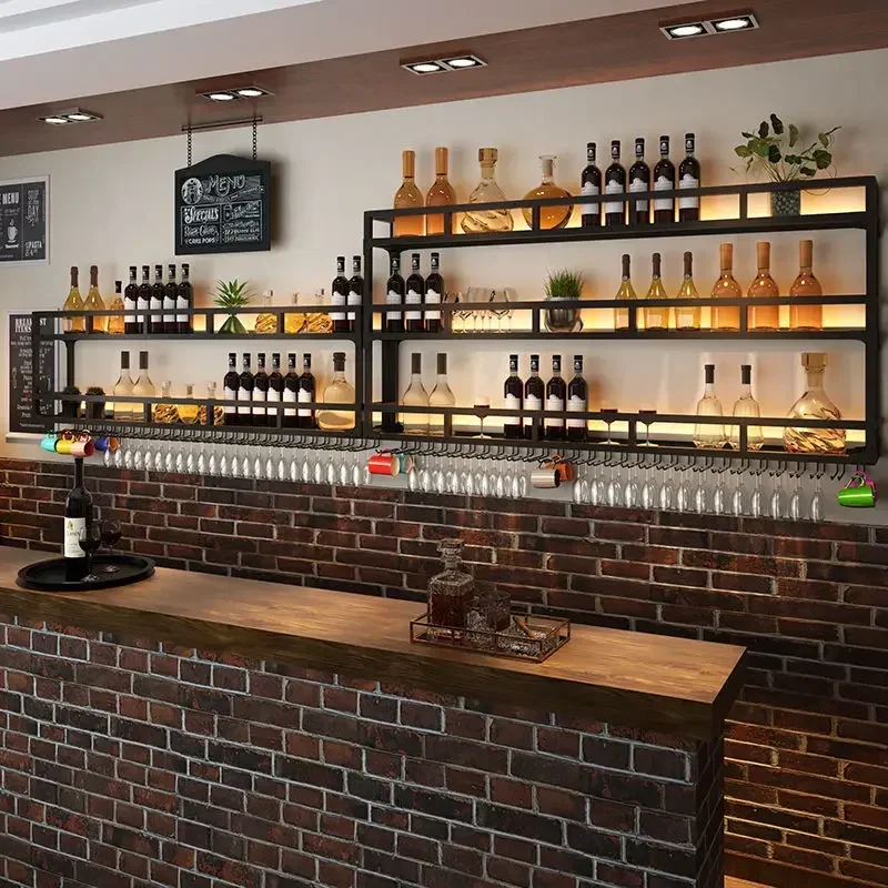 Industrial Wall-Mounted Bar Rack Integrated Shelf Iron Art Wall Storage Shelf Wall Hanging Light Bar Wine Glass Holder Shelf 4
