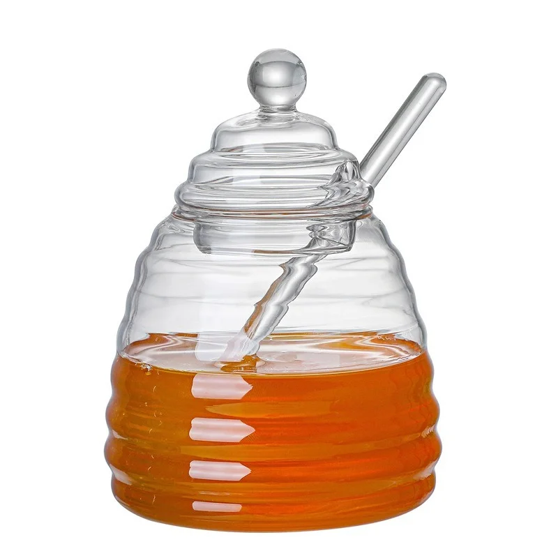 Household Transparent Glass Honey Jar with Lid Glass Stirring Stick Honey Bottle Creative Glass Transparent Jar Glass Container 5