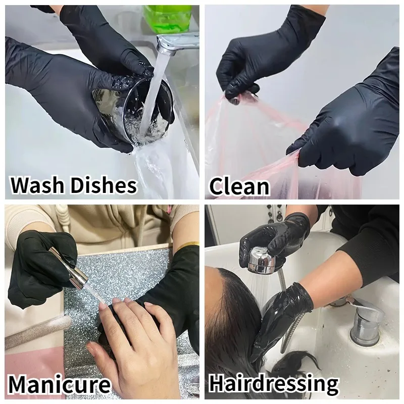 Mains portant des gants nitrile jetables noirs et jaunes, en situation d'utilisation.