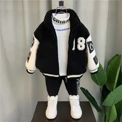 Children's Warm Jacket 2023 New Autumn/Winter Boys' Thickened Lamb Hair Baseball Uniform Junior Girl Cardigan Coat 2-12Y