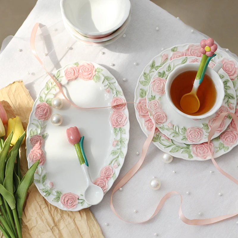 

Girl heart embossed heavy work rose coffee cup saucer breakfast plate dish rice bowl home tableware set