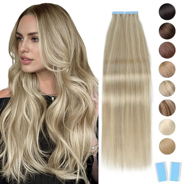 MRSHAIR-Extensions de Cheveux Humains Blonds, Sans Couture, 4x0.8cm, Trame de Peau PU, 12 à 24 Pouces, 20 Pièces 1