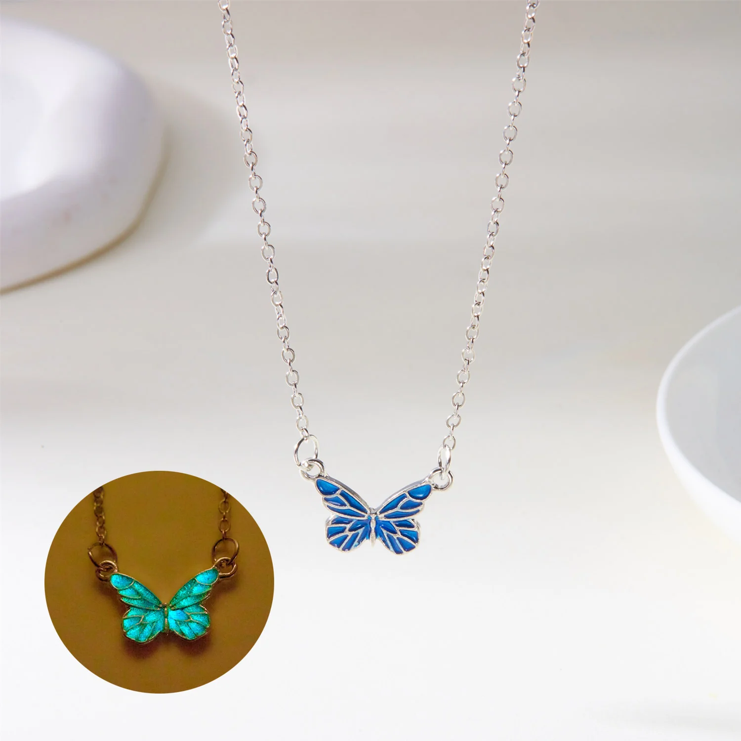 Fashion Blue Luminous Butterfly Necklace Bracelet Set for Glow in