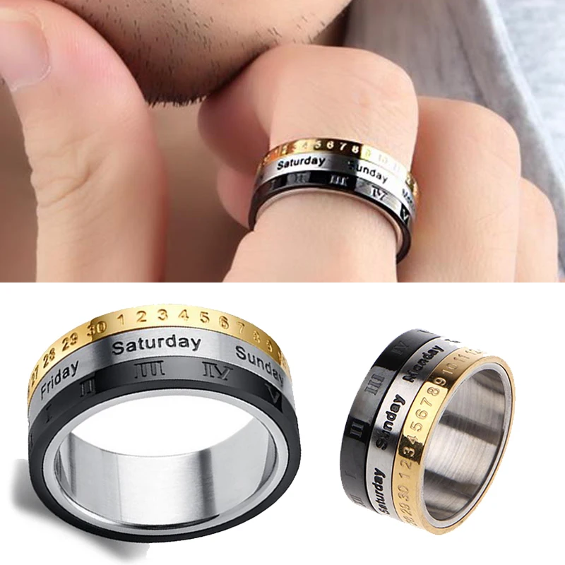 Finger Ring Titanium Steel Cool Punk Spinner Male Date Time Calendar Creative Rotatable 3 Part Roman Numerals Anxiety Fidget Rings